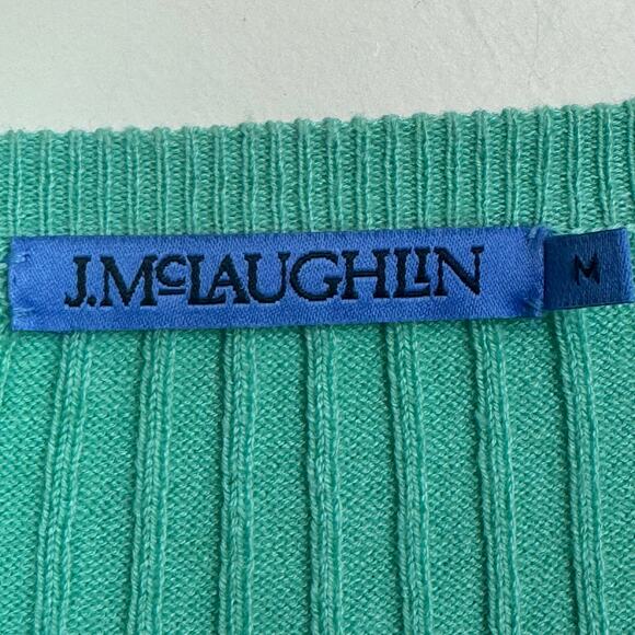 J. McLaughlin Size Medium Green Cotton Blend Ribbed V-Neck Pullover Sweater - Picture 5 of 6